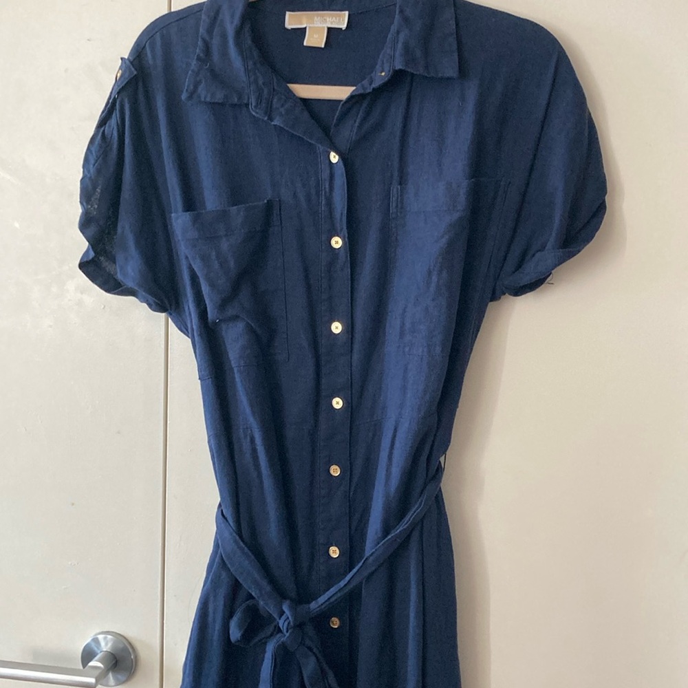 Michael kors Linen Blend Button Front Belted Shirt Dress in Blue